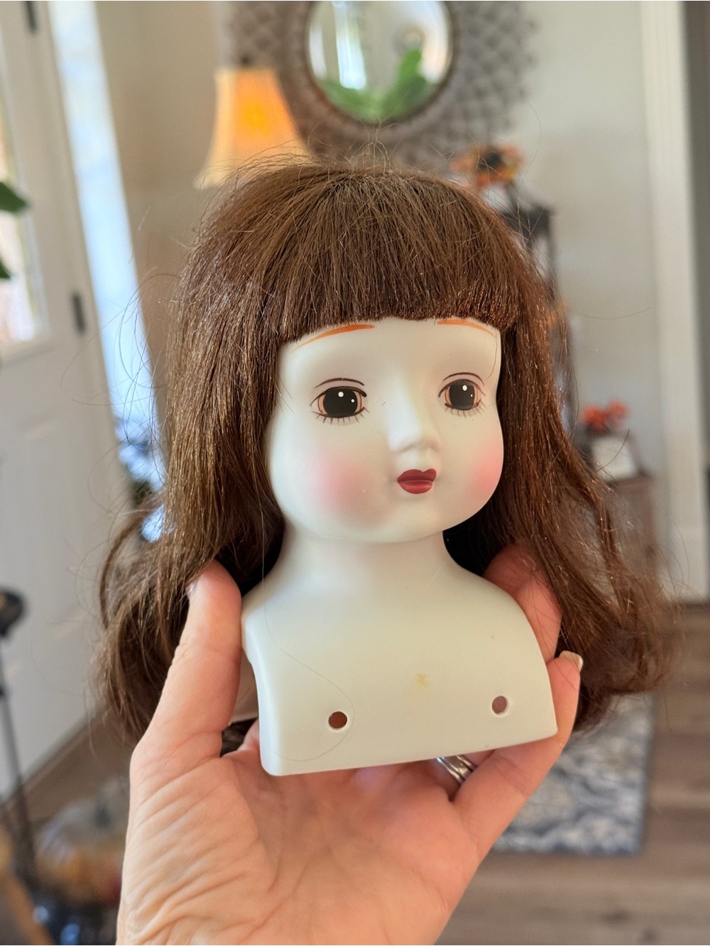 Vintage Porcelain Doll Head Display with Brown Hair-for Crafting - Picture 4 of 13